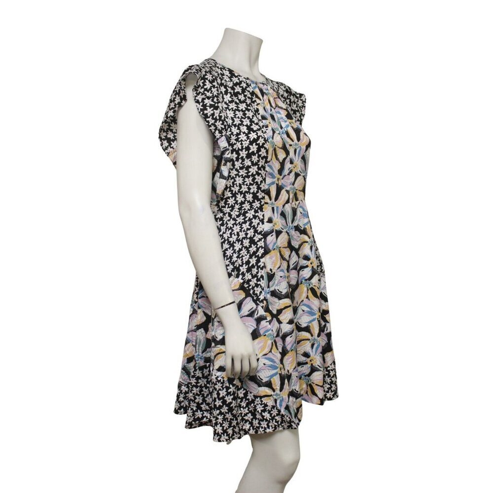 Rebecca Taylor Black Bow Fleur Mixed Print Silk Ruffle Sleeve Dress Size 8 - Picture 2 of 8